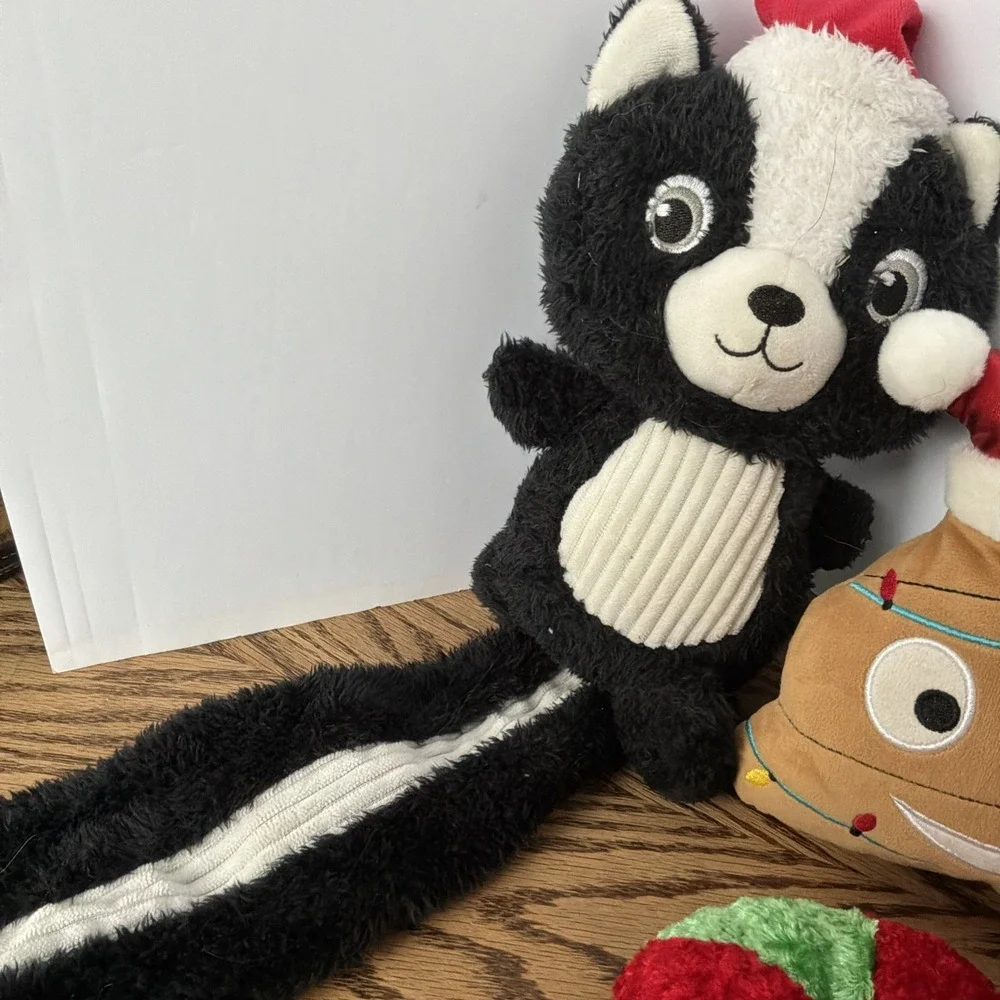 Christmas Dog Toy Plush Lot Skunk Poop Emoji Candy Cane Gingerbread Sock Monkey